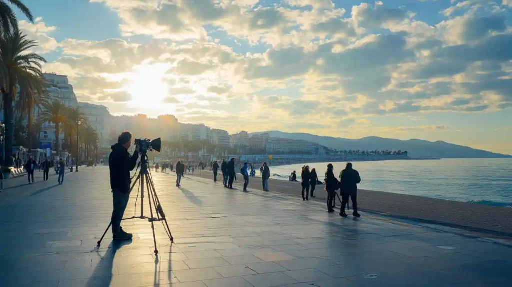 Vidéaste en action sur la Promenade des Anglais au coucher du soleil Vidéaste en tournage sur la Promenade des Anglais à Nice pendant un coucher de soleil.